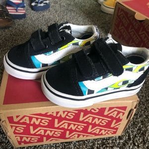 Glow-in-the-dark old school vans with blue flame